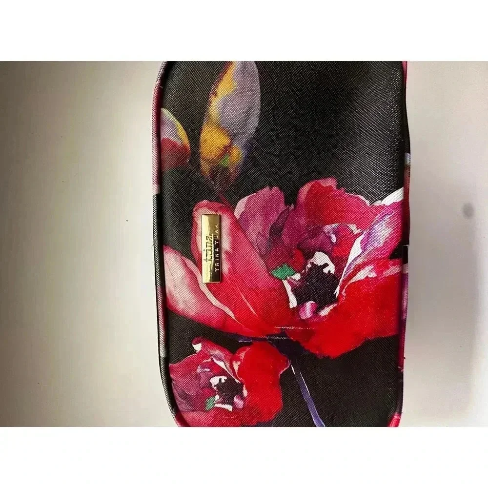 Trina Turk Black & Red Floral Print Rectangle Shape Cosmetic Bags
